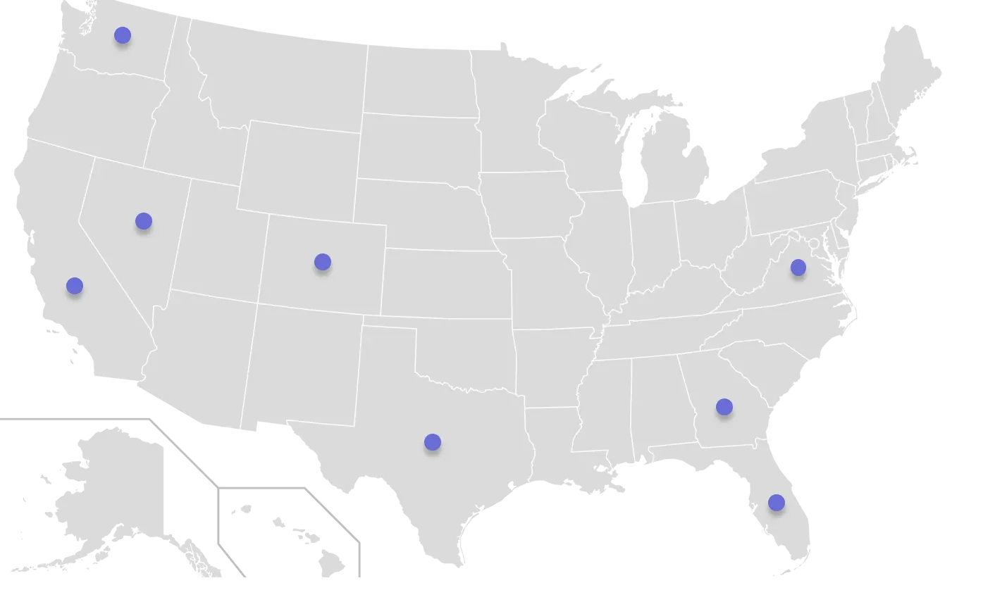 A map of the United States with pins in the available states